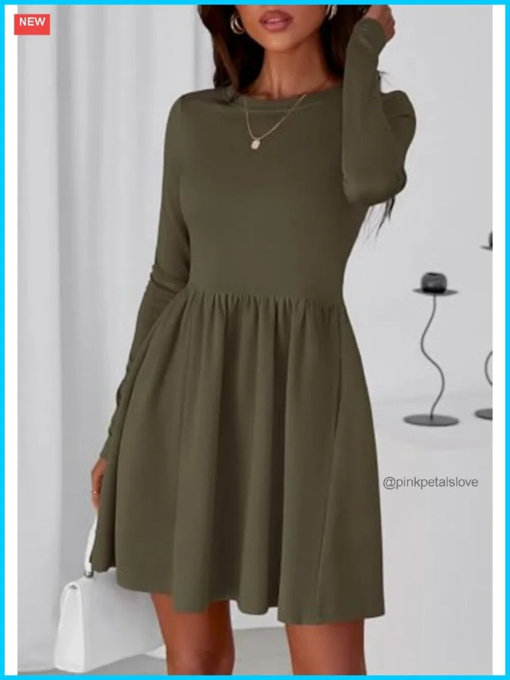 Long Sleeve Mini Dress Pleated A-Line Fit & Flare Babydoll with Pockets Casual